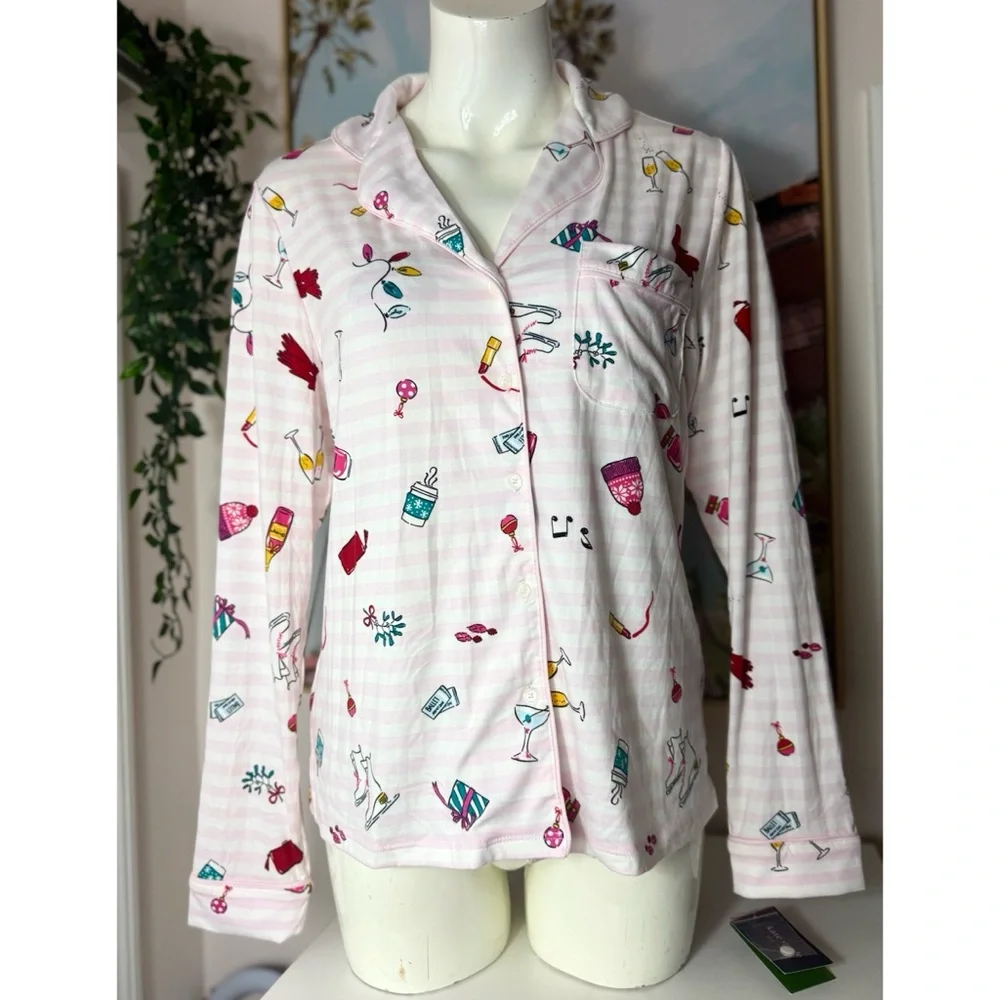Kate Spade Holiday Cheer Pink White Stripe Button Front PJ Top Size Small